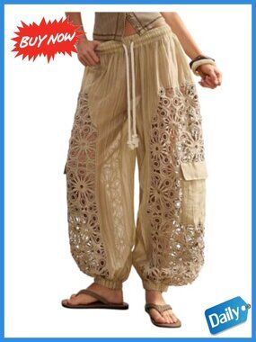 Women's Boho Lace Balloon Pants Crochet Hollow Out Baggy Cargo Harem Pants